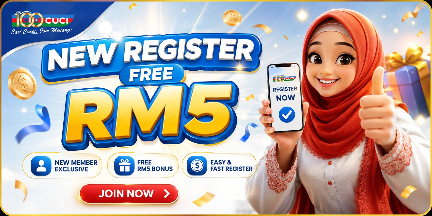 100Cuci new register free RM5 promotion banner with smiling tudung girl holding mobile phone and free bonus reward for new members